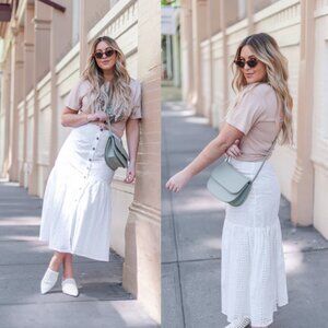 Button Front Eyelet Embroidered Midi Skirt